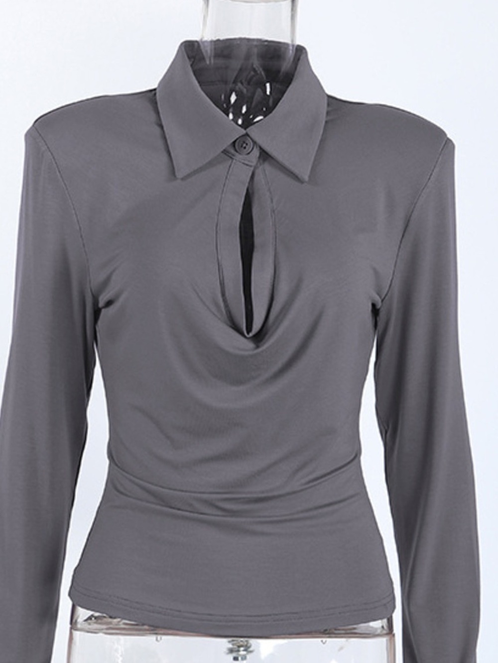💜 Gorgeous Long-Sleeve Collared Slim-Fit Blouse w/Keyhole Detail Women's Gray